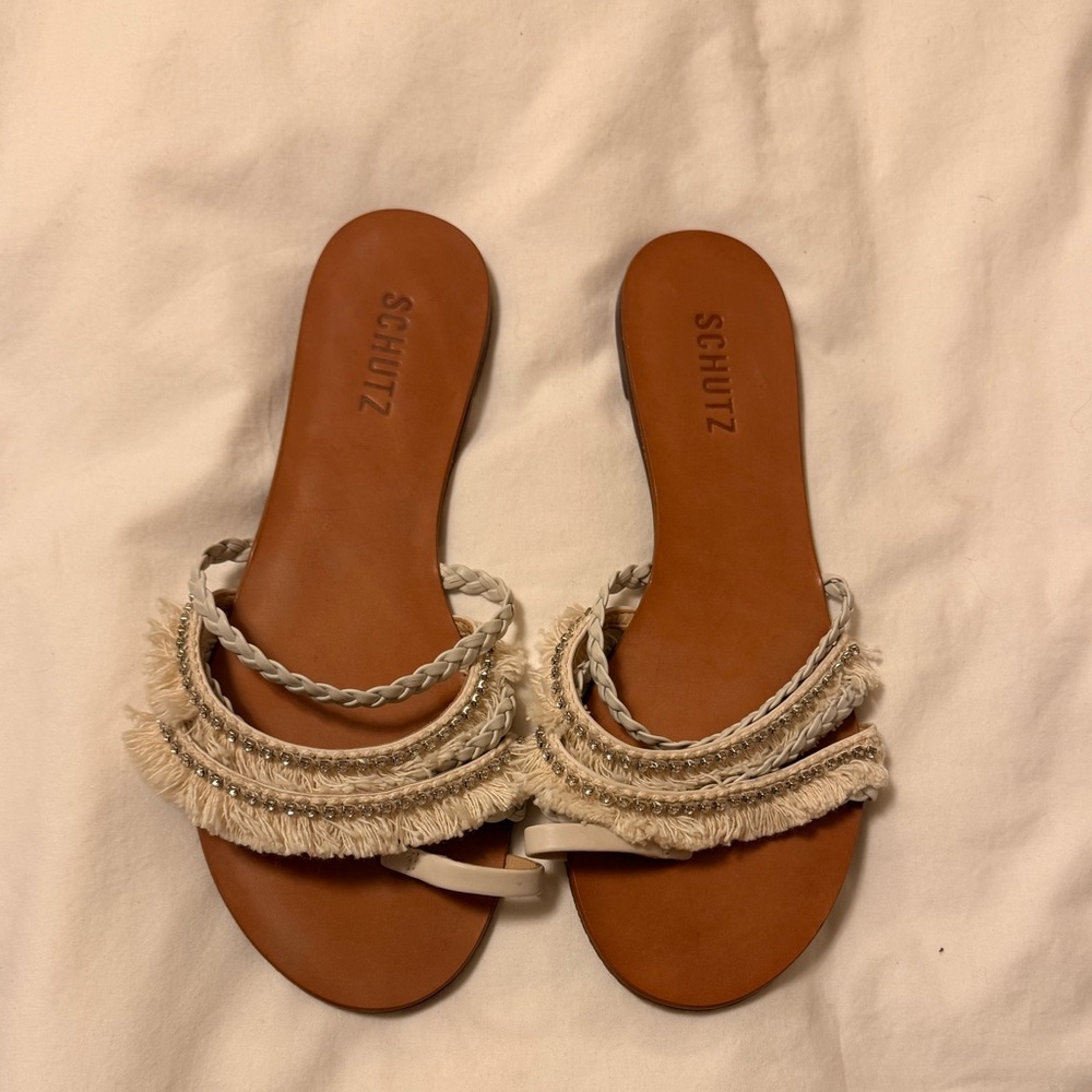 SCHUTZ Women's Cream and Tan Fringe Sandals